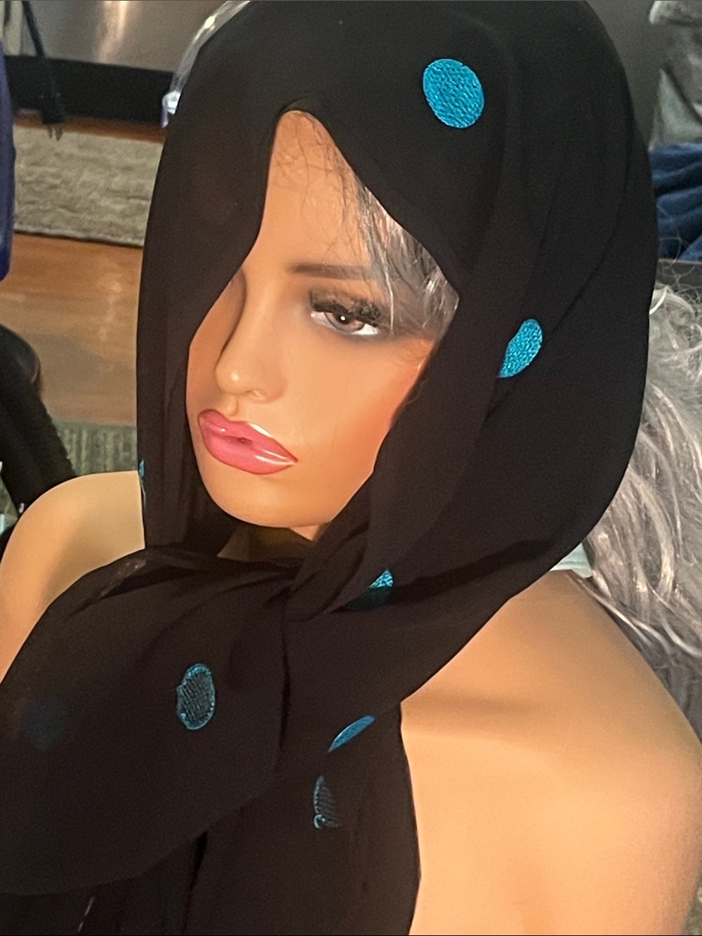 Black Scarf with Turquoise Polka Dot Accents - Women Accessories S202